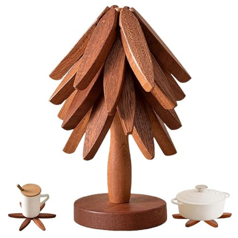 Wooden Tree Trivet Set Foldable Stand Walnut