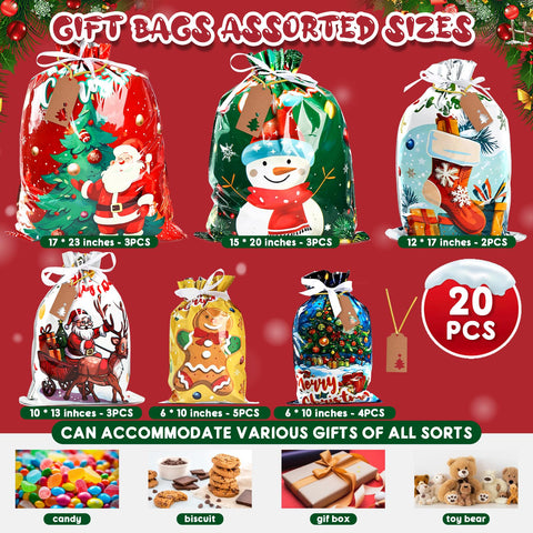 Christmas Gift Bags Drawstring 20PCS Assorted